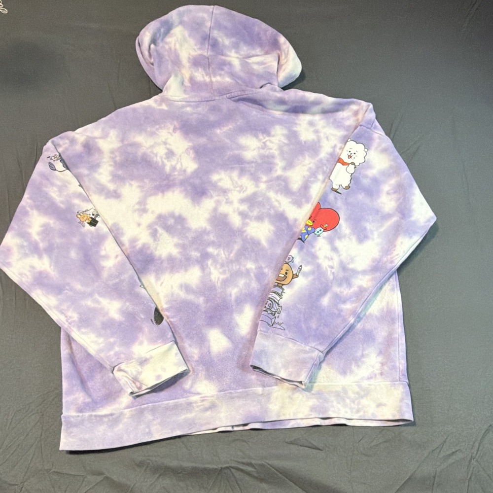 BT21 Purple White Tie-Dye Pullover Hoodie Kangaroo Pocket Medium Cartoon KPop - Picture 15 of 15